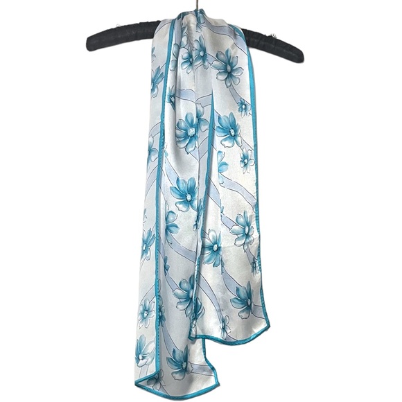 100% Silk Scarf - ELAINE GOLD for Collection XIIX - Blue White Floral 53” x 10” - Picture 3 of 13